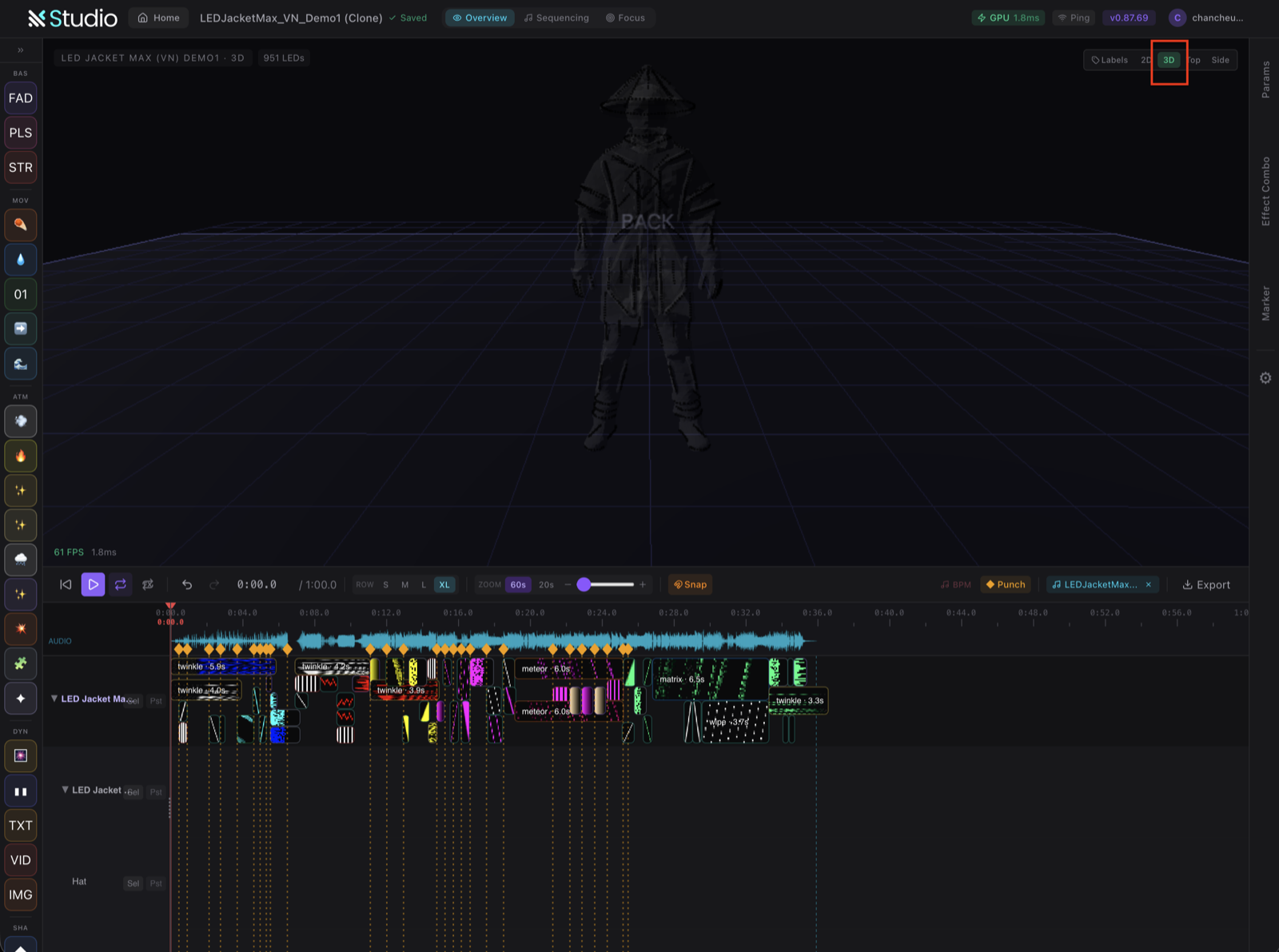 The LDP Studio editor with a 3D LED costume preview and effect timeline
